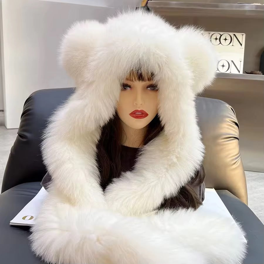 Polar Pearl Fox Fur Hood Scarf with Ears