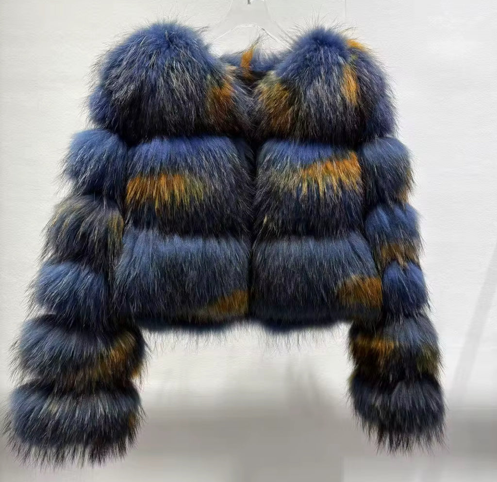 The Azure Luxe — Navy & Gold Fox Fur Jacket