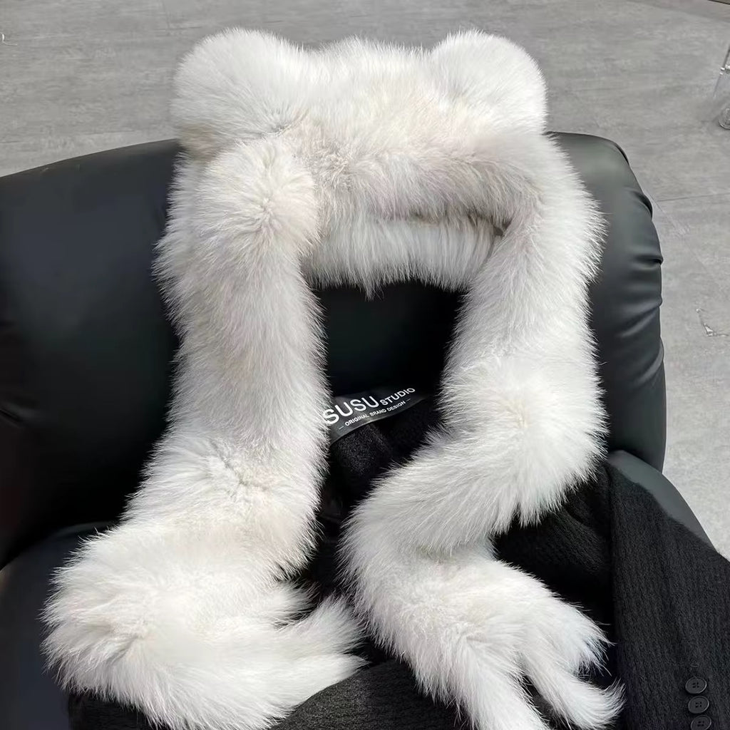 Polar Pearl Fox Fur Hood Scarf with Ears