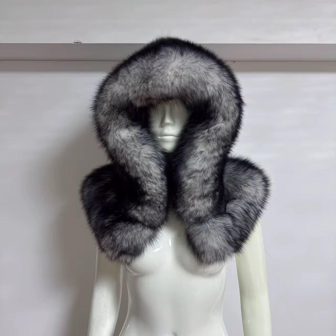 Shadow fox fur hooded stole