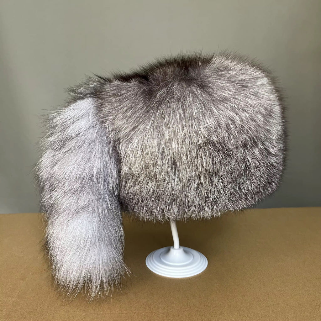Silver Arctic Fox Fur Hat with Tail Accent