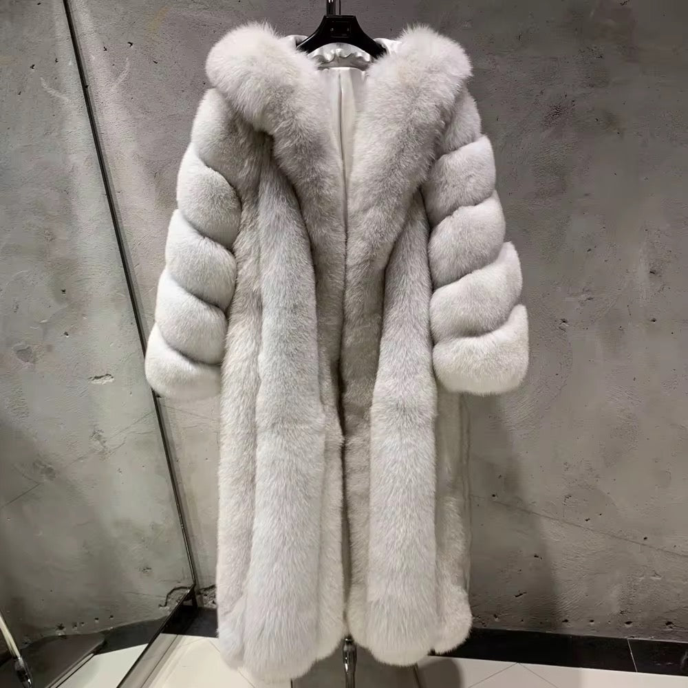 La Bianca Lunga — White Fox Full-Length Hooded Coat