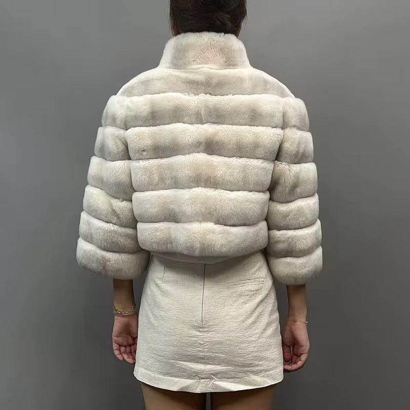 The Valennaire — Cropped Ivory Rex Rabbit Fur Jacket