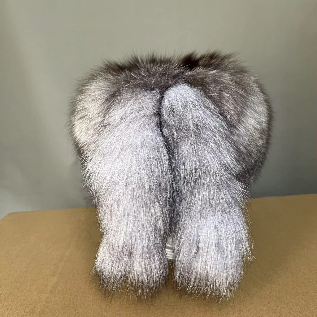 Silver Arctic Fox Fur Hat with Tail Accent