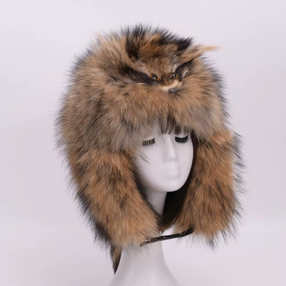 Wild Amber Raccoon Fur Trapper Hat with Face Accent