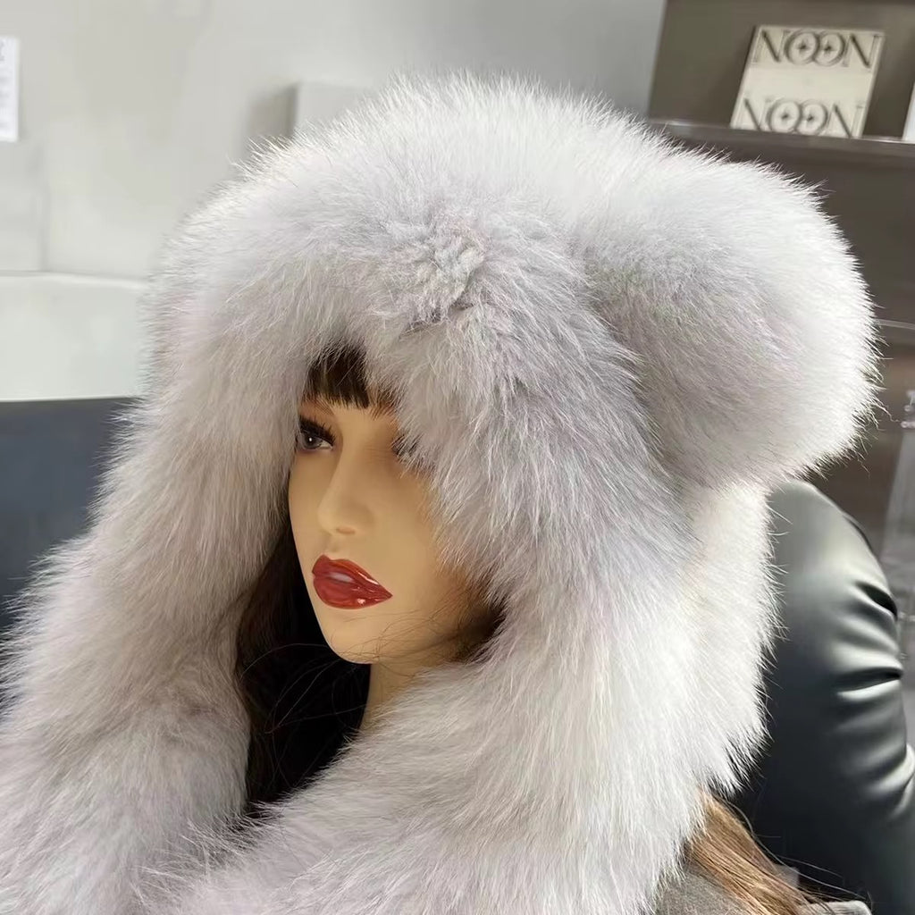 Polar Pearl Fox Fur Hood Scarf with Ears