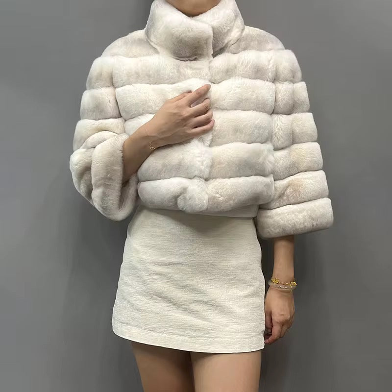 The Valennaire — Cropped Ivory Rex Rabbit Fur Jacket