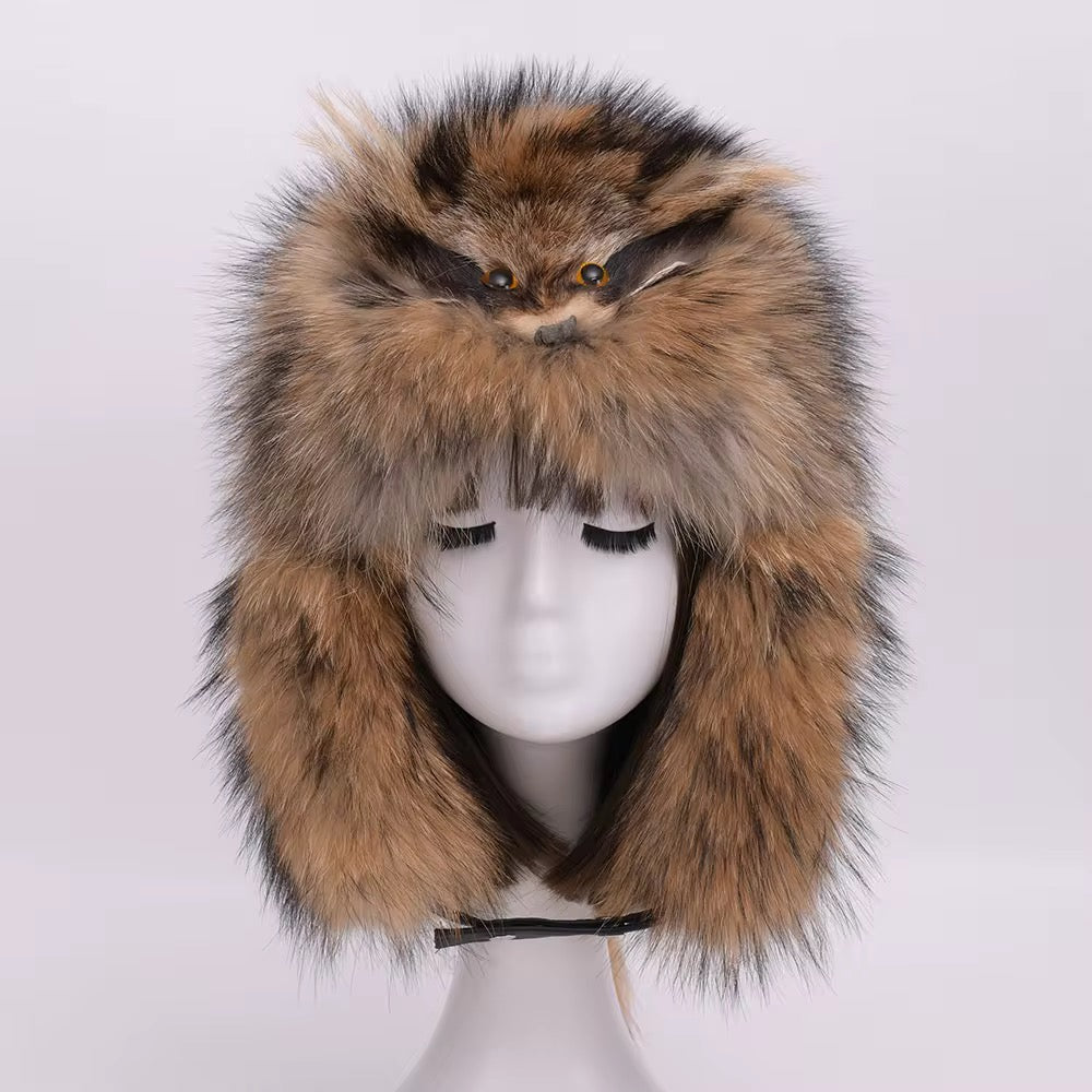 Wild Amber Raccoon Fur Trapper Hat with Face Accent
